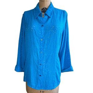 Vintage Sag Harbor Turquoise burn out leaf design 3/4 sleeve button down size 16